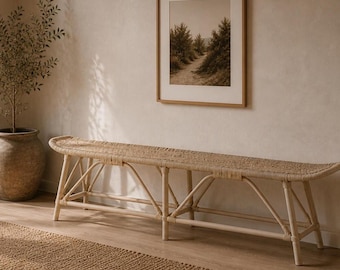 Panca da ingresso in rattan fatta a mano – Seduta in legno minimalista in stile boho – Panca naturale per camera da letto
