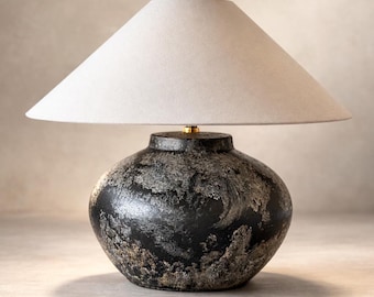 Lampada da tavolo in terracotta fatta a mano – Paralume in lino regolabile, lampada da comodino e da soggiorno in ceramica rustica