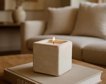 Candela a forma di cubo di pietra fatta a mano / Decorazione per la casa minimalista Wabi Sabi / Candela in cemento non profumata