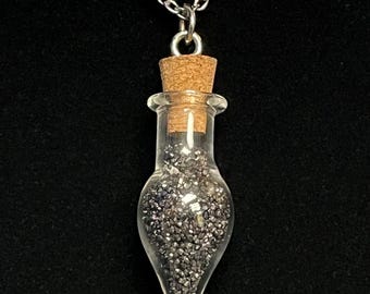 Glass Vial Pendant Necklace with Cubic Boron Nitride Crystals, Silver Chain – Handcrafted Sparkle Jewelry