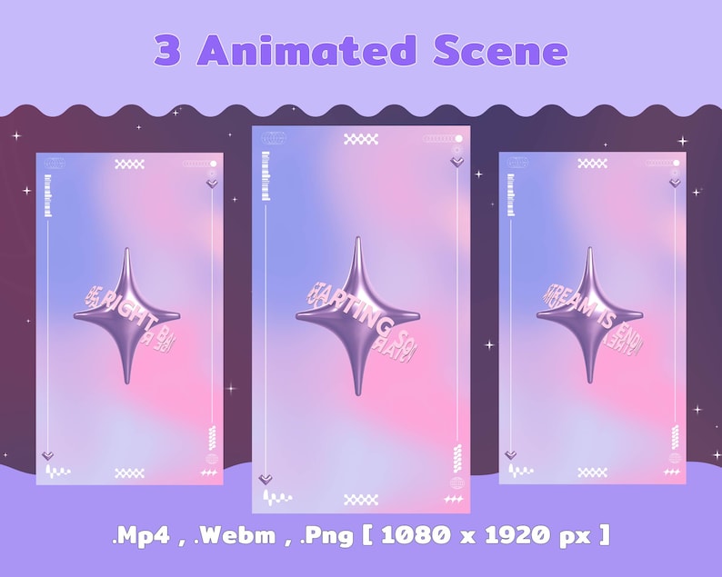 Puede incluir: Tres escenas animadas con un fondo degradado p&uacute;rpura y rosa. Cada escena presenta una estrella met&aacute;lica con texto. El texto incluye frases como "Right Now", "Starting So Right" y "Dream is Like". La imagen tambi&eacute;n incluye informaci&oacute;n sobre el tipo de archivo.
