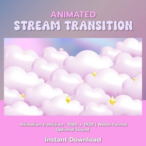 May include: Animated stream transition graphic with fluffy, white clouds and a soft pink hue, with yellow stars. The text "ANIMATED STREAM TRANSITION" is at the top. Designed for streaming, it has a resolution of 1080 x 1920 pixels.
