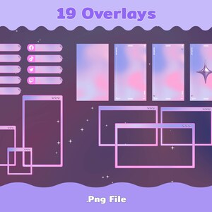 Puede incluir: Un gr&aacute;fico de arte digital con el texto "19 Overlays" en morado. La imagen presenta varias superposiciones de redes sociales rosas y moradas, marcos de ventanas y fondos degradados. El tipo de archivo es .Png.