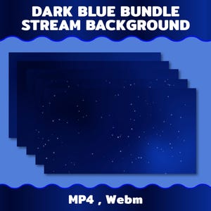 Puede incluir: Paquete de fondos de transmisión azul oscuro con un diseño de noche estrellada. La imagen presenta múltiples rectángulos azul oscuro con un efecto de degradado y estrellas blancas. Se muestra el texto "DARK BLUE BUNDLE STREAM BACKGROUND" y "MP4, Webm".