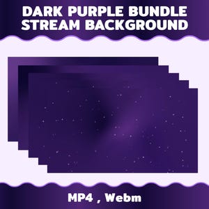Op de afbeelding: Donkerpaarse stream-achtergrondbundel met een sterrennachtontwerp. De afbeelding toont een donkerpaarse gradiënt met witte sterren en de tekst "DARK PURPLE BUNDLE STREAM BACKGROUND" en "MP4, Webm".