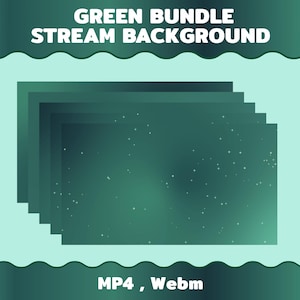 Puede incluir: Un gráfico digital que presenta un paquete de fondos verdes para streaming. La imagen muestra varias capas de rectángulos verde oscuro con un efecto de estrellas, sobre un fondo turquesa claro. El texto en la parte superior dice "GREEN BUNDLE STREAM BACKGROUND" y en la parte inferior "MP4, Webm".