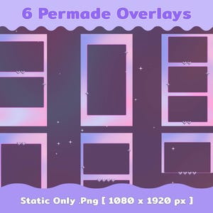 Puede incluir: Seis superposiciones permanentes con una suave paleta de colores pastel. Cada superposici&oacute;n tiene un marco rectangular con un degradado de rosa, morado y azul. Los marcos est&aacute;n decorados con peque&ntilde;os corazones y estrellas. El texto en la parte superior dice "6 Permade Overlays".