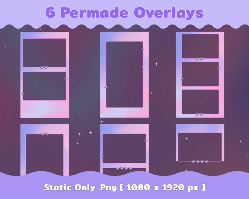 Puede incluir: Seis superposiciones permanentes con una suave paleta de colores pastel. Cada superposici&oacute;n tiene un marco rectangular con un degradado de rosa, morado y azul. Los marcos est&aacute;n decorados con peque&ntilde;os corazones y estrellas. El texto en la parte superior dice "6 Permade Overlays".