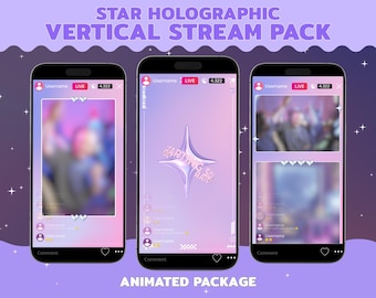 Lila TikTok Stream Overlay Pack: Vertikales animiertes Paket, holografischer Stil (Digitaler Download)
