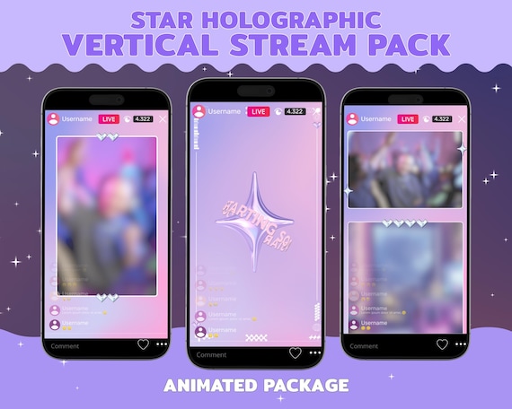 Purple TikTok Stream Overlay Pack : Vertical Animated Package , Holographic Style  (Digital Download)