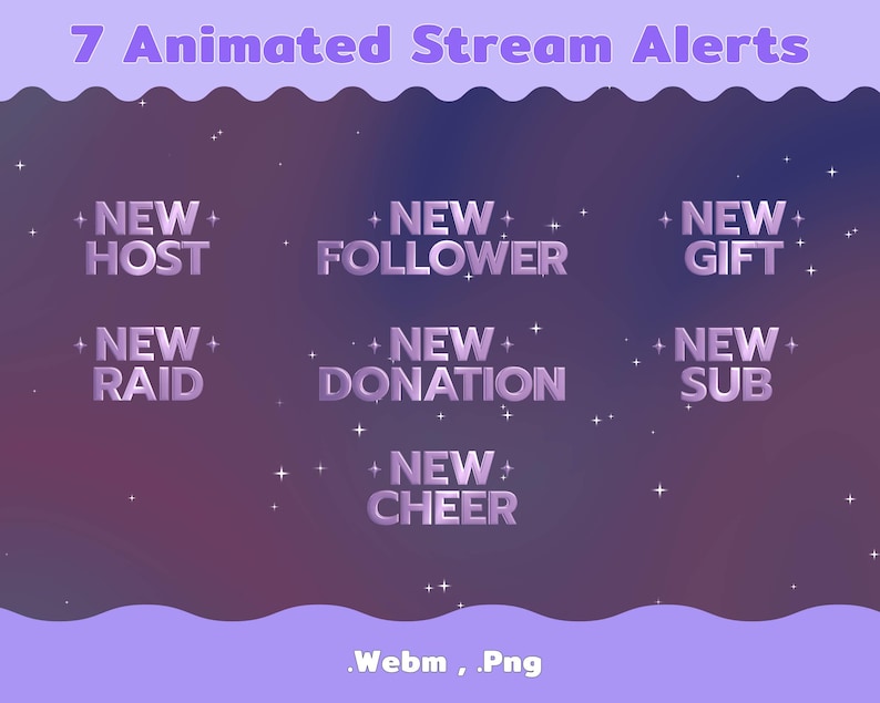 Puede incluir: Gr&aacute;fico digital con el texto "7 Animated Stream Alerts" en morado. La imagen muestra seis alertas animadas: New Host, New Follower, New Gift, New Raid, New Donation, New Sub y New Cheer. Los formatos de archivo son Webm y Png.