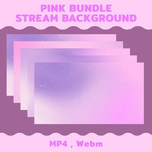 Könnte beinhalten: Ein Stapel rosa-lila Farbverlaufs-Stream-Hintergründe mit Sterneneffekt. Der Text "PINK BUNDLE STREAM BACKGROUND" steht oben und "MP4, Webm" unten. Der Hintergrund ist ein wellenförmiges Lila.