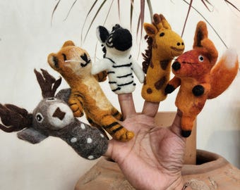 Marionnettes à doigt animaux en feutre faites main : jouets raconteurs d'histoires Waldorf, lot de 5