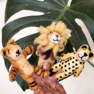 Handmade Wool Felt Finger Puppets: Lion, Tiger, Leopard Waldorf Toys