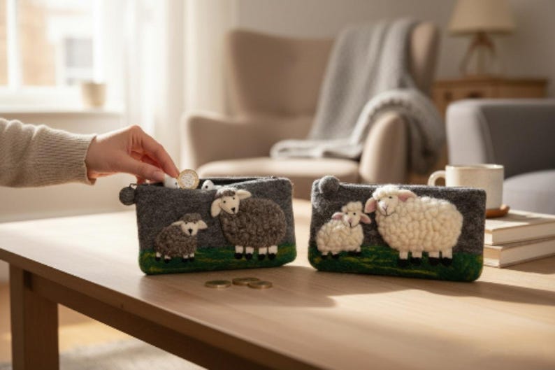 May include: Two rectangular felt pouches featuring textured sheep appliqu&eacute;s on a green field. One pouch is dark gray with gray sheep, and the other is dark gray with white sheep. Both have a zipper closure and a small round pull tab on the side.