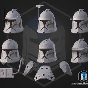 May include: A selection of grey, futuristic helmets and armour components. The helmets feature a distinctive T-shaped visor and various fittings. The image includes the text "PATREON.COM/GALACTICARMORY" and a logo. The items appear to be 3D models or props.