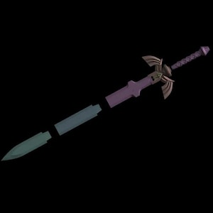May include: A stylized sword with a purple hilt and blade sections in teal and green. The hilt features a gold-colored guard with a diamond-shaped accent. The handle is a darker purple with a textured pattern.