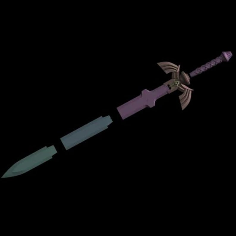May include: A stylized sword with a purple hilt and blade sections in teal and green. The hilt features a gold-colored guard with a diamond-shaped accent. The handle is a darker purple with a textured pattern.