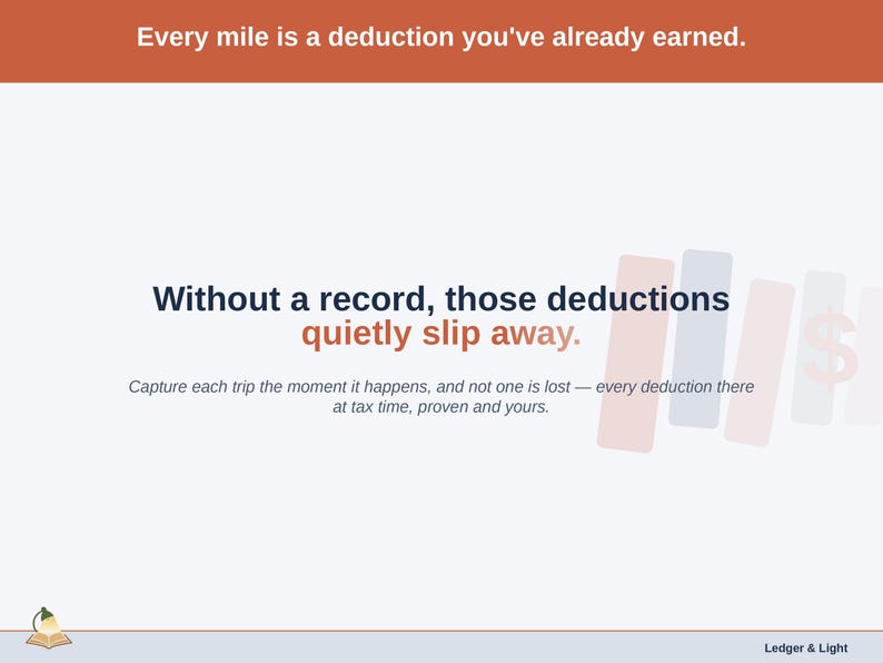 Typographic slide, no screenshot: “Without a record, those deductions quietly slip away” — about the maker costs that go unrecorded, and the deductions that go with them.