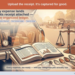 Closing slide, captioned receipt photos attached, one central ledger, yours to keep. Every reseller expense lands with its receipt attached, in one ledger that stays in your own Drive.