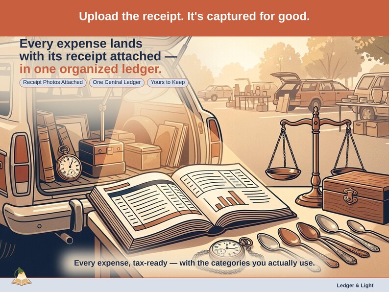 Closing slide, captioned receipt photos attached, one central ledger, yours to keep. Every reseller expense lands with its receipt attached, in one ledger that stays in your own Drive.