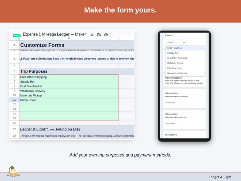 The Customize Forms tab, where the dropdowns become yours: maker trip purposes such as post office/shipping, supply run and craft fair/market, plus your own payment methods.