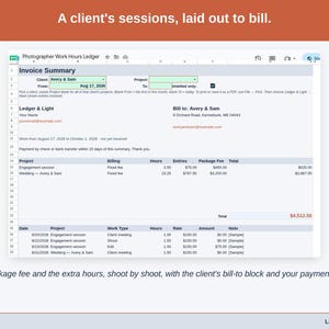 The Invoice Summary tab: The package fee and the extra hours, shoot by shoot, with the client’s bill-to block and your payment details.