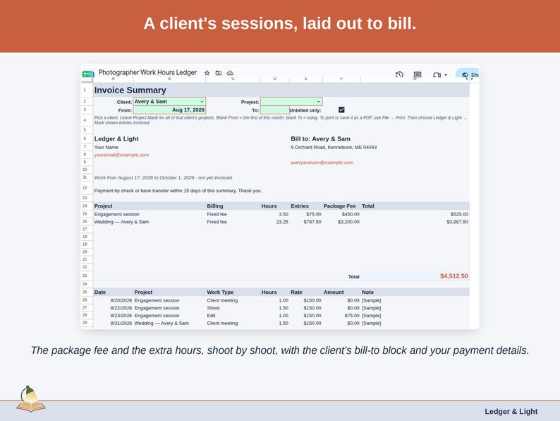 The Invoice Summary tab: The package fee and the extra hours, shoot by shoot, with the client’s bill-to block and your payment details.