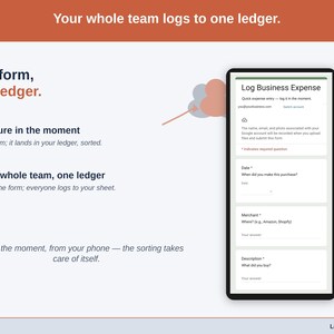 Phone and sheet together — however many people are logging, every contractor entry reaches one Expense Ledger. Log it in the moment, from your phone — the sorting takes care of itself.