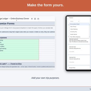 The Customize Forms tab, where the dropdowns become yours: photographer trip purposes such as on-location shoot, gear pickup and client meeting, plus your own payment methods.