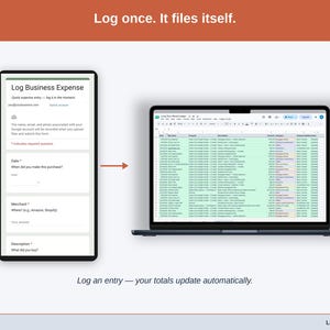 The expense form on a phone beside the Transactions tab it feeds: a long-term rental purchase submitted on the form appears as a new row in the Expense Ledger, already sorted. Log an entry — your totals update automatically.