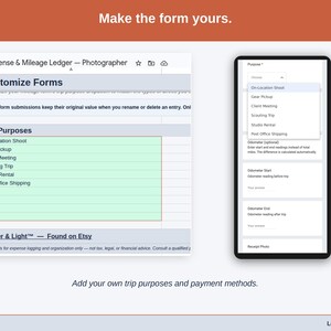 The Customize Forms tab, where the dropdowns become yours: photographer trip purposes such as on-location shoot, gear pickup and client meeting, plus your own payment methods.