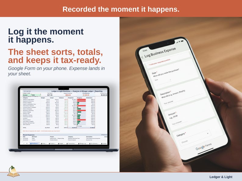 A laptop open to the Dashboard of a freelancer Expense & Mileage Ledger + Reporting in Google Sheets, with the headline “Log it the moment it happens. The sheet sorts, totals, and keeps it tax-ready”. Google Form on your phone. Expense lands in your sheet.