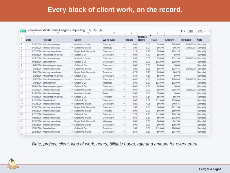 The Work Log tab: Date, project, client, kind of work, hours, billable hours, rate and amount for every entry.