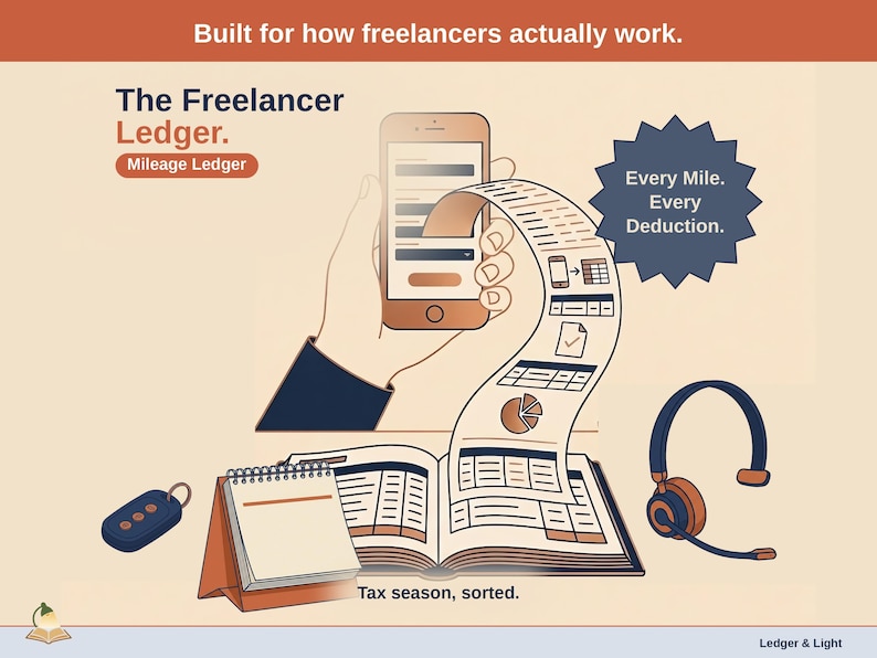 Title slide for the Freelancer Ledger — “Mileage Ledger” set over illustrated freelancer objects on a desk. Expenses, mileage, and tax-ready reporting — with the categories you actually use.