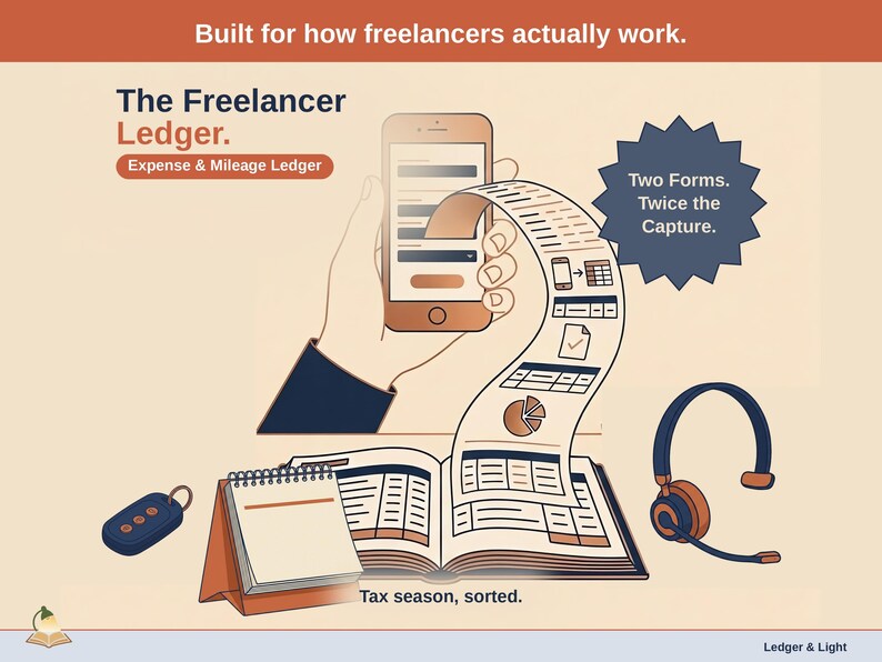Title slide for the Freelancer Ledger — “Expense & Mileage Ledger” set over illustrated freelancer objects on a desk. Expenses, mileage, and tax-ready reporting — with the categories you actually use.