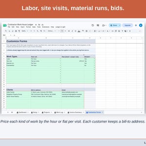 The Customize Forms tab: labor, site visits, material runs and bids, each priced by the hour or flat per visit, and each customer’s bill-to address.