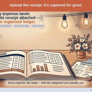 Closing slide, captioned receipt photos attached, one central ledger, yours to keep. Every event planner expense lands with its receipt attached, in one ledger that stays in your own Drive.