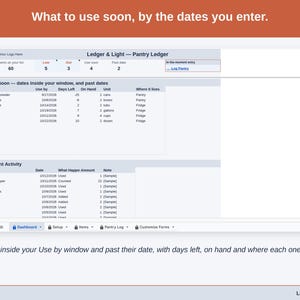 The Dashboard’s Use Soon band and Recent Activity: items inside the use-by window and past their date, with days left, on hand and where each lives.