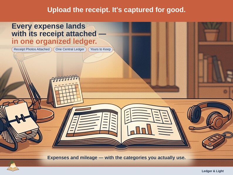 Closing slide, captioned receipt photos attached, one central ledger, yours to keep. Every freelancer expense lands with its receipt attached, in one ledger that stays in your own Drive.