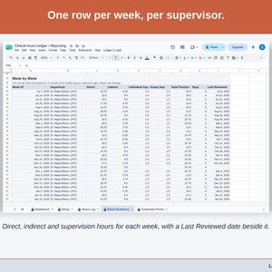 The Board Summary’s week-by-week list: one row per week and supervisor with direct, indirect and supervision hours and a Last Reviewed date.