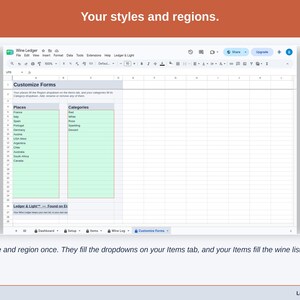 The Customize Forms tab: your styles and regions, which fill the dropdowns on the Items tab, while your Items fill the wine list on the form.