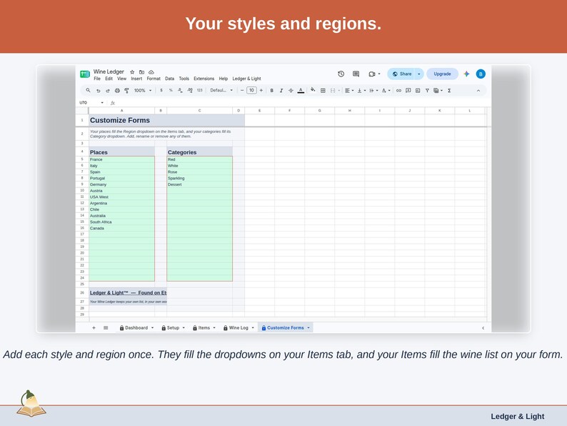 The Customize Forms tab: your styles and regions, which fill the dropdowns on the Items tab, while your Items fill the wine list on the form.