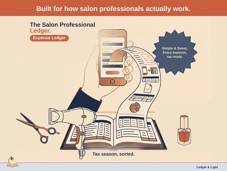 Title slide for the Salon Professional Ledger — “Expense Ledger” set over illustrated salon professional objects on a desk. Expenses, mileage, and tax-ready reporting — with the categories you actually use.