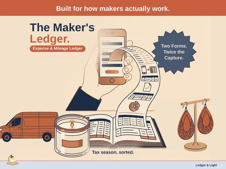 Title slide for the Maker Ledger — “Expense & Mileage Ledger” set over illustrated maker objects on a desk. Expenses, mileage, and tax-ready reporting — with the categories you actually use.