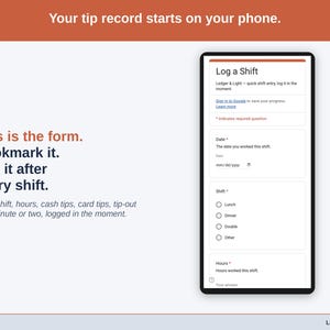 The Log a Shift form on a phone: date, shift, hours, cash tips, card tips and tip-out, one shift per entry.