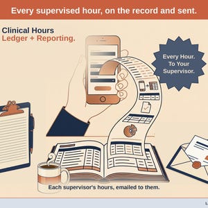Title slide for the Clinical Hours Ledger + Reporting — a clipboard, an appointment book and a coffee mug on a desk beside an open ledger, with a phone feeding it: every supervised hour, on the record.