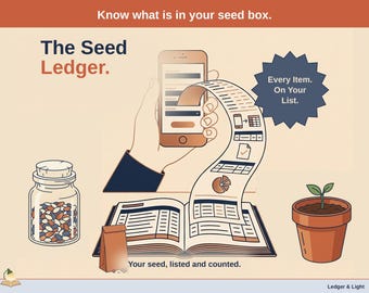Może przedstawiać: Ilustracja zatytułowana The Seed Ledger z tekstem Know what is in your seed box. Przedstawia dłoń trzymającą smartfon, długą listę, otwartą księgę rachunkową, szklany słoik z nasionami, papierową torebkę oraz sadzonkę w doniczce.