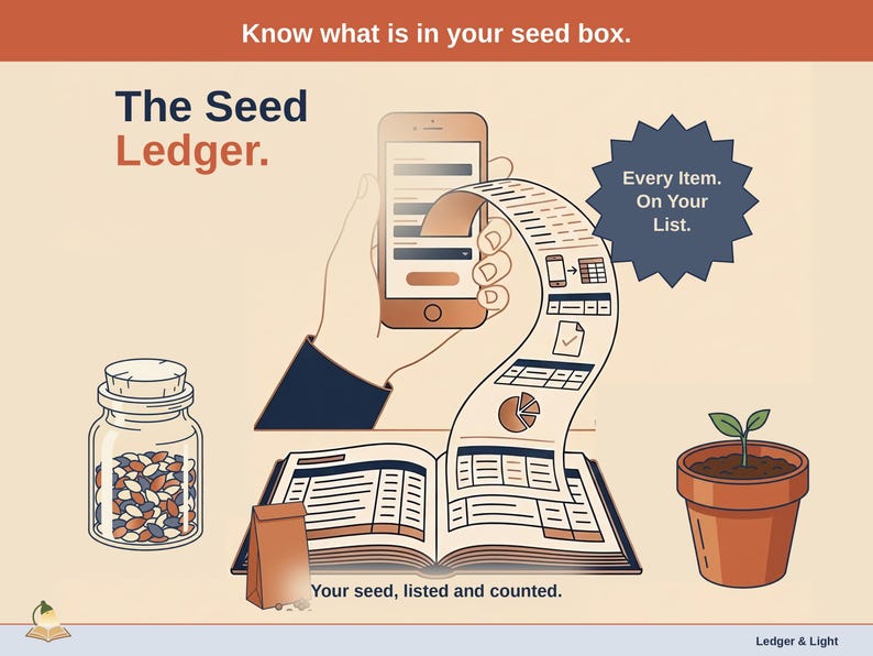 Title slide for the Seed Ledger — a seed jar, a seed packet and a seedling in a pot around an open ledger, with a phone feeding it: your seed, listed and counted.