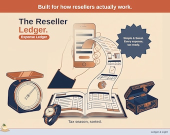 May include: An infographic titled The Reseller Ledger with text Built for how resellers actually work. It features a smartphone, a long receipt, a scale, a wristwatch, an open ledger book, and a decorative box with the text Tax season, sorted.